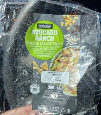 Avocado Ranch Iceberg and Green Leaf Lettuce Blend, Chili Lime Seasoned White Chicken Meat, Black Beans, Fire Roasted Corn, Pepper Jack Cheese, Carrots, Red Cabbage, Seasoned Tortilla Chips and Avocado Ranch Dressing Chicken Deluxe Salad