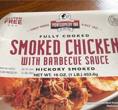 Fully cooked hickory smoked pulled chicken with barbecue sauce