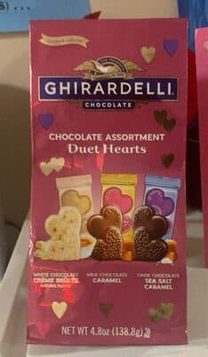 Chocolate Assortment Duet Hearts, White Chocolate Crème Brûlée, Milk Chocolate Caramel, Dark Chocolate Sea Salt Caramel