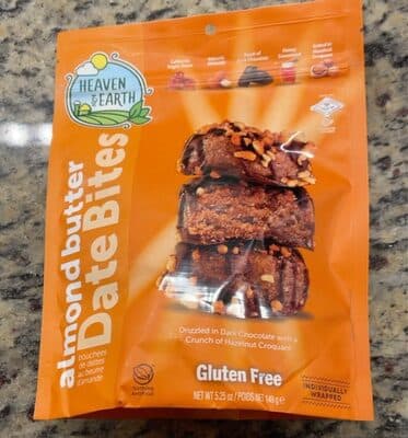Almond Butter Drizzled in Dark Chocolate with a Crunch of Hazelnut Croquant Date Bites