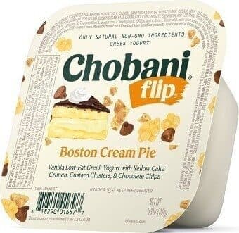 Boston Cream Pie Vanilla Low-Fat Greek Yogurt With Yellow Cake Crunch, Custard Clusters, & Chocolate Chips