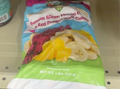 Banan slices, mango chunks and red dragon fruit cubes