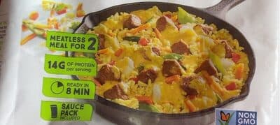 Porkless Thai Curry Rice, Gardein Porkless Bites, Bell Peppers, Snow Peas, Carrots & Water Chestnuts in a Yellow Thai Curry Sauce Skillet Meals