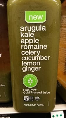 Blue Print, Cold Pressed Juice, Arugula Kale Apple Romaine Celery Cucumber Lemon Ginger