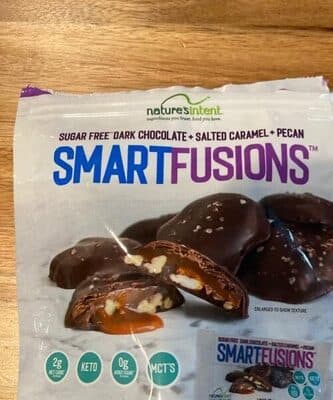 Sugar free dark chocolate, salted caramel and pecan
