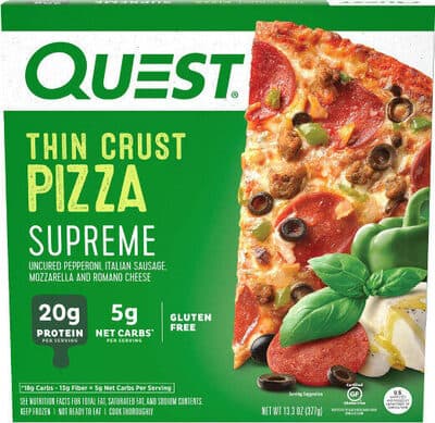 Supreme Mozzarella and Romano Cheese, Uncured Pepperoni and Italian Sausage on a Flourless Thin Crust Pizza