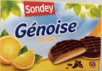 Light Sponge Cookie With Orange Fruit Flavored Filling And Chocolate Topping