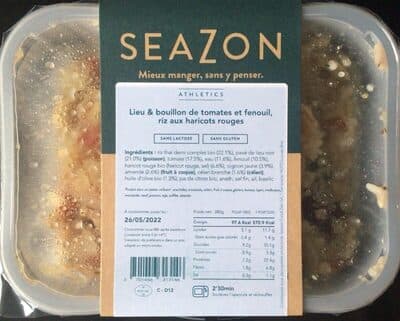 Lieu & bouillon de tomates et fenouil, riz et haricots rouges.