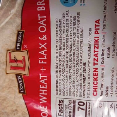 Pita Bread, Whole Wheat + Flax & Oat Bran