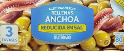 Aceitunas verdes rellenas de anchoas. Reducida en sal