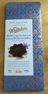 sea salt and caramel brittle with saffron in dark chocolate