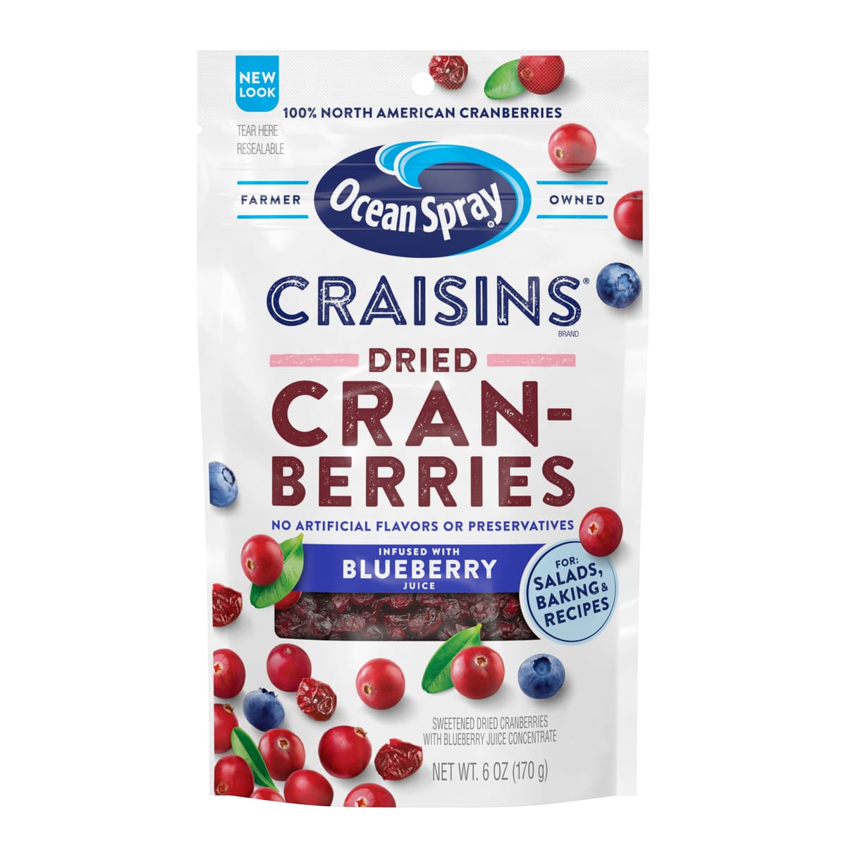 OCEAN SPRAY, CRAISINS, SWEETENED DRIED CRANBERRIES WITH REAL BLUEBERRY JUICE