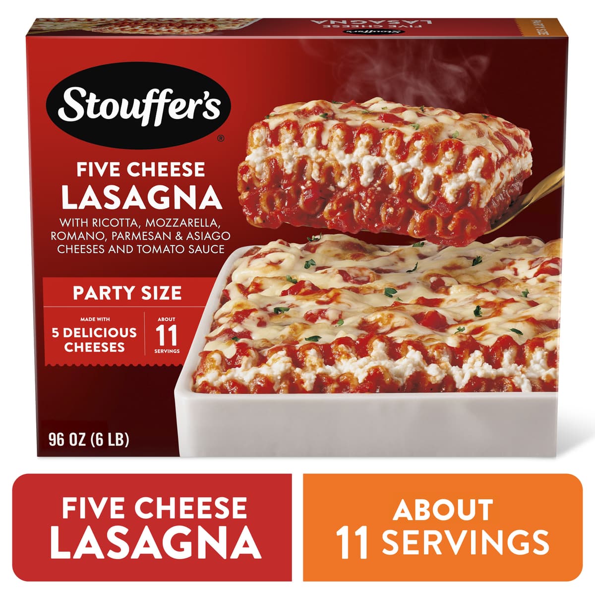 Five Cheese Lasagna With Low Fat Ricotta, Mozzarella, Parmesan, Romano & Asiago Cheeses And Seasoned Tomato Sauce