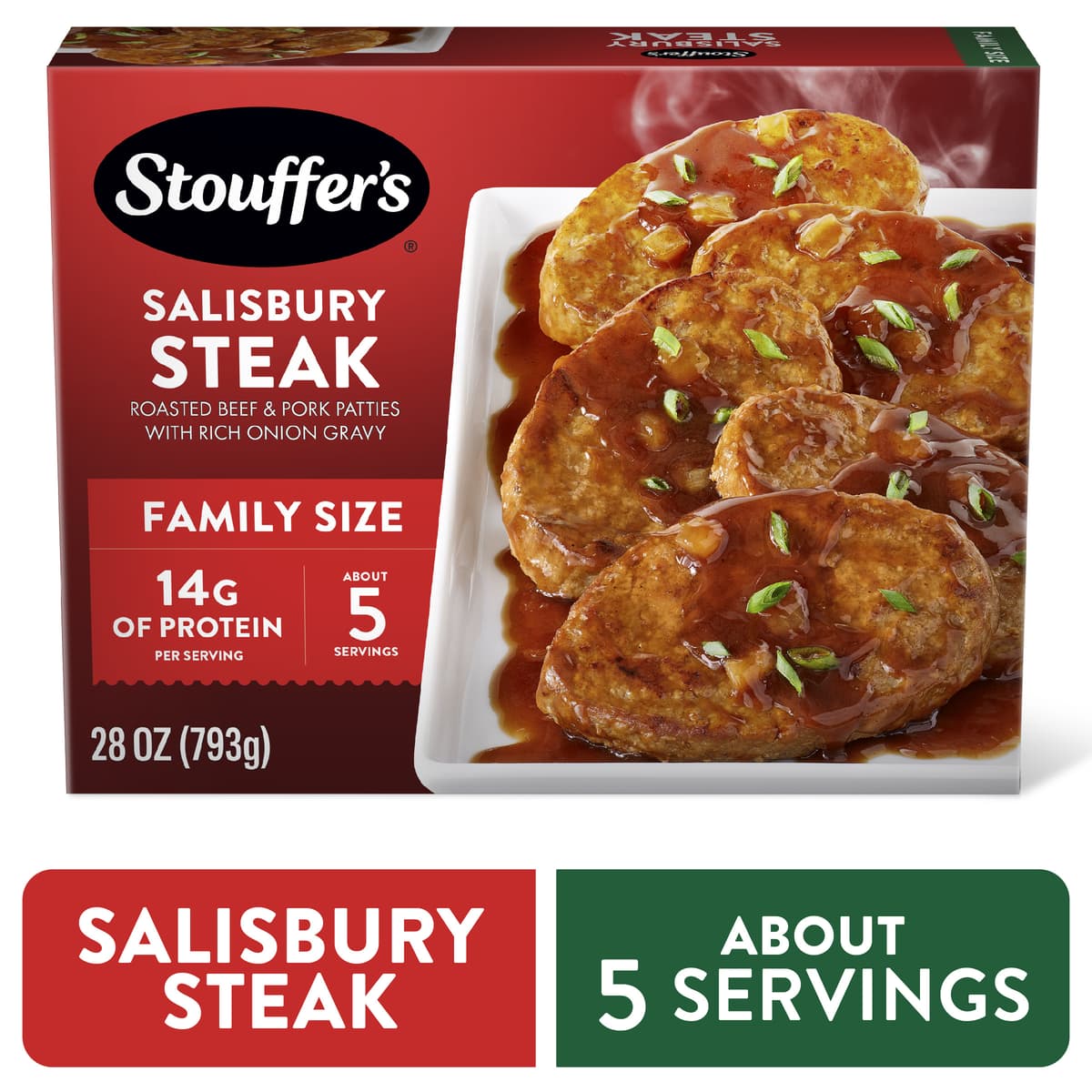 Salisbury Steak Roasted Patties Made With Natural Beef And Pork Topped With Onions & Gravy