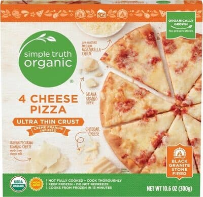 4 Cheese Low-Moisture Part-Skim Mozzarella Cheese, Grana Padano Cheese, Cheddar Cheese, Italian Pecorino Romano Cheese Creme Fraiche Infused Ultra Thin Crust Pizza