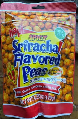 HAPI, SRIRACHA PEAS, SPICY, CHILI GARLIC COATED GREEN PEAS