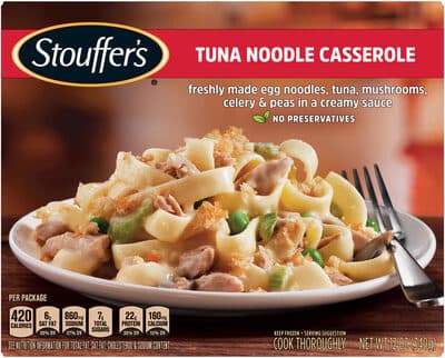 Tuna Noodle Casserole Freshly Made Egg Noodles, Tuna, Mushrooms, Celery & Peas In A Creamy Sauce