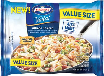 ALFREDO CHICKEN GRILLED WHITE MEAT CHICKEN WITH PASTA IN AN ALFREDO CHEESE SAUCE WITH CARROTS, BROCCOLI, AND PEAS, ALFREDO CHICKEN