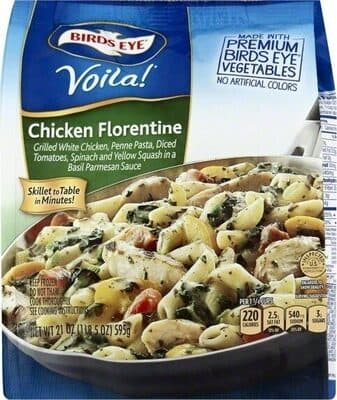 Chicken Florentine White Meat Chicken, Penne Pasta, Tomatoes, Spinach and Yellow Squash in a Basil Parmesan Sauce