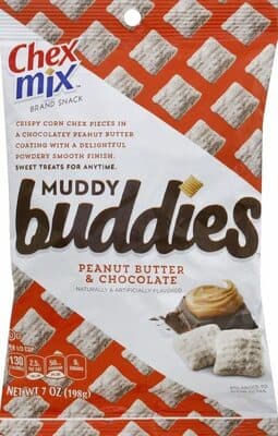 Peanut Butter & Chocolate Crispy Corn Chex Pieces in a Chocolatey Peanut Butter Coating with a Delightful Powdery Smooth Finish
