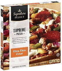 Ultra Thin Crust Supreme Rich Traditional Tomato Sauce Topped With Mozzarella Cheese, Spicy Italian Sausage, Zesty Pepperoni, And Fire Roasted Red, Green & Yellow Peppers And Onions Pizza