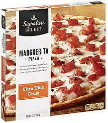 Margherita Olive Oil Based Sauce Topped With Mozzarella, Parmesan, And Romano Cheeses, Robust Tomatoes And Basil Ultra Thin Crust Pizza