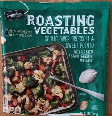 Roasting Vegetables Cauliflower, Broccoli & Sweet Potato With Red Onion, A Savory Seasoning, And Garlic