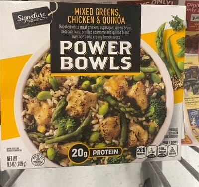 Mixed Greens, Chicken & Quinoa Roasted White Meat Chicken, Asparagus, Green Beans, Broccoli, Kale, Shelled Edamame and Quinoa Blend Over Rice and a Creamy Lemon Sauce