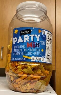 Party Flavored With Corn Chips Fried Cheese Curls, Nacho Cheese Flavored Tortilla Chips, Pretzels Mix