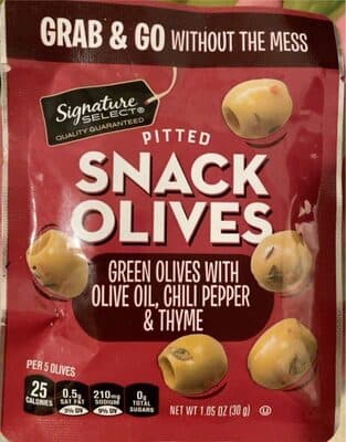 Pitted Snack Green Olives with Olive Oil, Chili Pepper & Thyme