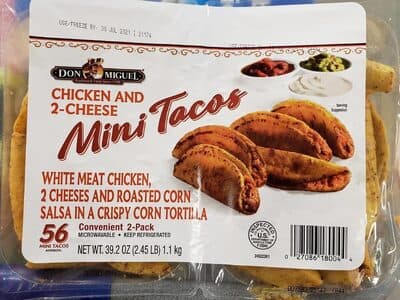 Chicken and 2-Cheese White Meat Chicken, 2 Cheeses and Roasted Corn Salsa in a Crispy Corn Tortilla Mini Tacos