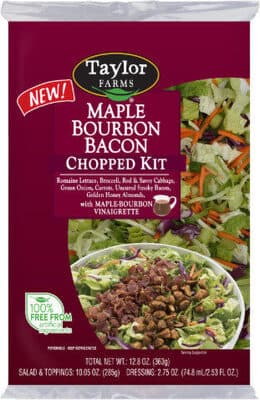 Maple Bourbon Bacon Romaine Lettuce, Broccoli, Red & Savoy Cabbage, Green Onion, Carrots, Uncured Smoky Bacon, Golden Honey Almonds, With Maple-Bourbon Vinaigrette Chopped Kit