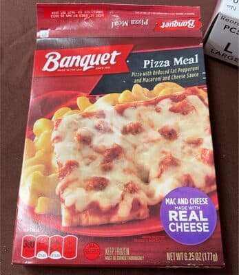Pizza with Reduced Fat Pepperoni and Macaroni and Cheese Sauce Meal