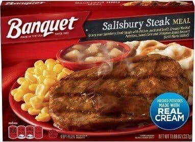 Salisbury Steak Gravy Over Salisbury Steak (Made With Chicken, Pork And Beef), Creamy Mashed Potatoes, Cinnamon Apple Dessert And Sweet Corn Meal