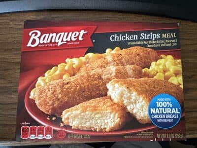 BREADED WHITE MEAT CHICKEN PATTIES, MACARONI & CHEESE SAUCE, AND SWEET CORN MEAL, CHICKEN STRIPS