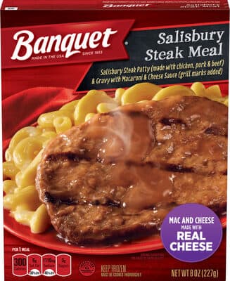 Salisbury Steak Meal with Gravy and Macaroni and Cheese Sauce