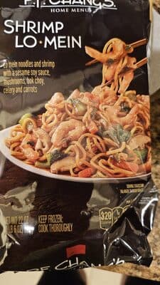Shrimp Lo Mein Noodles and Shrimp with a Sesame Soy Sauce, Mushrooms, Bok Choy, Celery and Carrots
