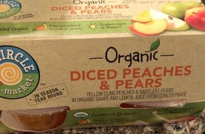 Diced Yellow Cling Peaches & Bartlett Pears In Organic Grape And Lemon Juice From Concentrate