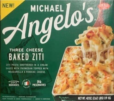 Three Cheese Baked Ziti Pasta Smothered in a Cream Sauce with Parmesan Topped with Mozzarella & Romano Cheese