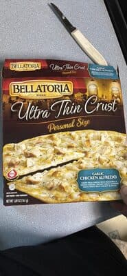 Garlic Chicken Alfredo Crispy Pizza Topped With Mozzarella, Asiago Cheeses, Creamy Garlic Alfredo Sauce, White Meat Chicken & Spices Ultra Thin Crust Pizza