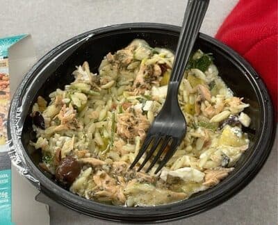 Greek Style Salmon with Orzo Pasta, Yellow Squash, Zucchini, Tomatoes, Olives & Feta Cheese