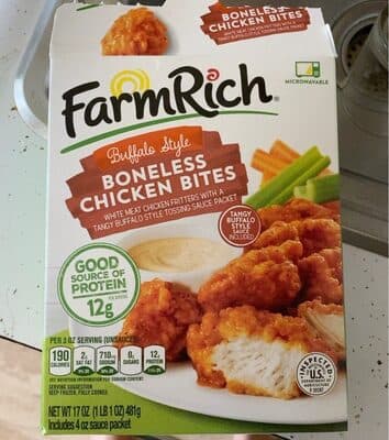 Buffalo Style Boneless Chicken Bites White Meat Chicken Fritters With A Tangy Buffalo Style Tossing Sauce Packet