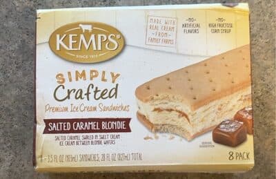 Salted Caramel Blondie Swirled in Sweet Cream Ice Cream Between Blondie Wafers Sandwiches