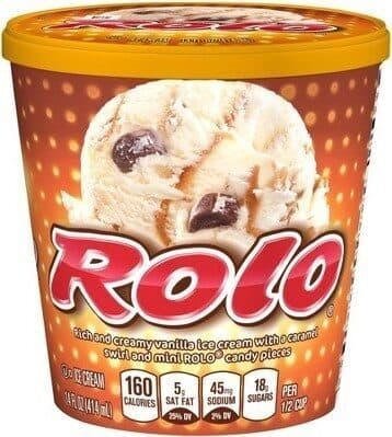 Rolo Rich and Creamy Vanilla Ice Cream with a Caramel Swirl and Mini Rolo Candy Pieces