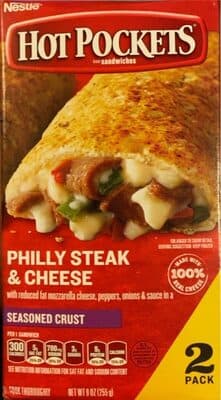 Philly Steak & Cheese with Reduced Fat Mozzarella Cheese, Peppers, Onions & Sauce in a Seasoned Crust Sandwiches