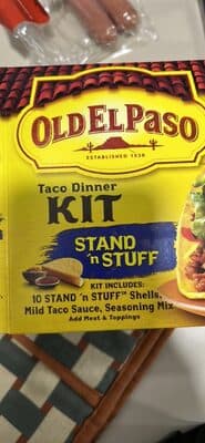 STAND 'N STUFF TACO DINNER KIT, TACO SHELLS, MILD TACO SAUCE, SEASONING MIX