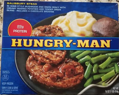 Salisbury Steak in Home-Style Savory Brown Gravy with Creamy Mashed Potatoes and Tender Green Beans - Includes a Chocolate Brownie