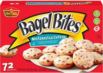MINI BAGELS TOPPED WITH CHEESE, PEPPERONI MADE WITH PORK AND CHICKEN ADDED, AND TOMATO SAUCE PIZZA SNACKS, CHEESE & PEPPERONI