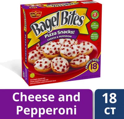 Mini Bagels Topped With Cheese, Pepperoni Made With Pork And Chicken Added, And Tomato Sauce Pizza Snacks!