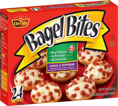 Cheese & Pepperoni Mini Bagels Topped With Cheese, Pepperoni Made With Pork And Chicken Added, And Tomato Sauce Pizza Snacks!